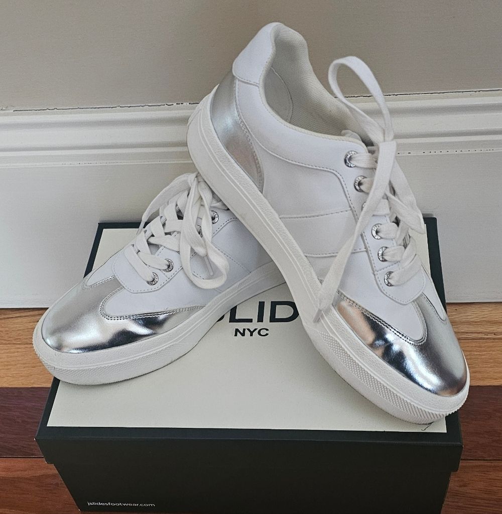 White Sneakers with Silver Metallic Toe Size 10 Excellent Condition!
